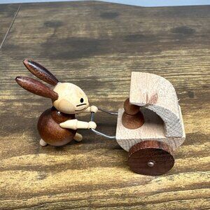 Vintage Goula Spain Wooden Rabbit Bunny Mother Pushing Cart Figurine Collectible